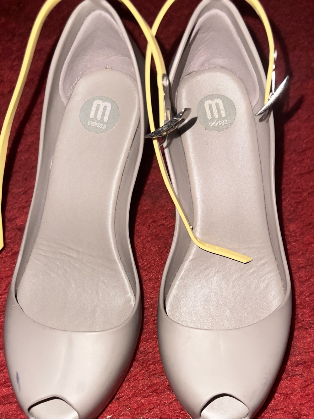 Melissa Nude Peep-Toe Slingback Heels with Yellow Ankle Straps